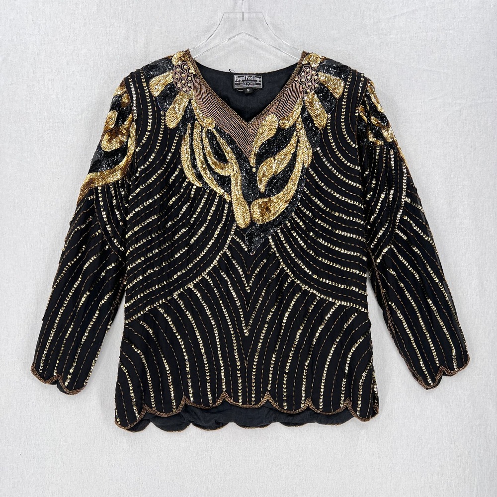 VINTAGE 80s ROYAL FEELINGS Sequin Top Womens Small Black Gold Beaded Long Sleeve